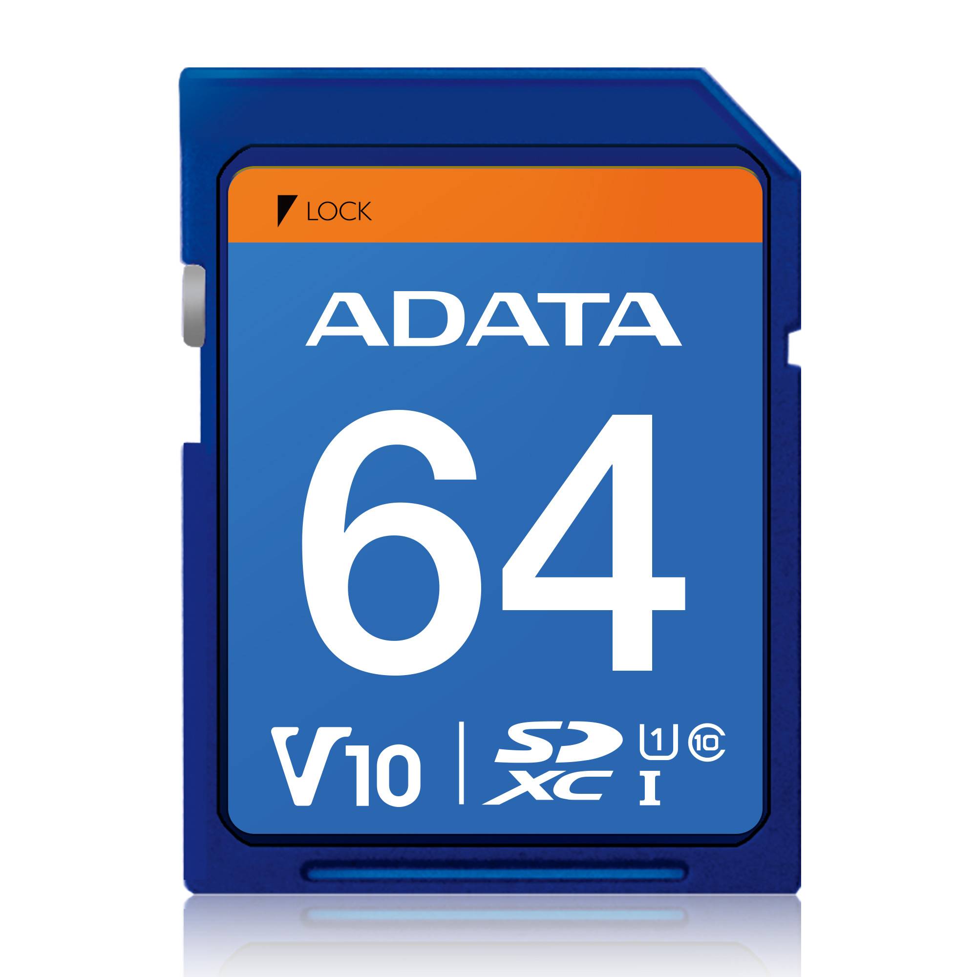 Memoria SD (SDXC) 64GB ADATA CLASE 10 (V10) - Velocidad hasta 100MB/25MB por seg.  ASDX64GUICL10-R Memoria SD (SDXC) 64GB ADATA CLASE 10 (V10) - Velocidad hasta 100MB/25MB por seg.  ASDX64GUICL10-R